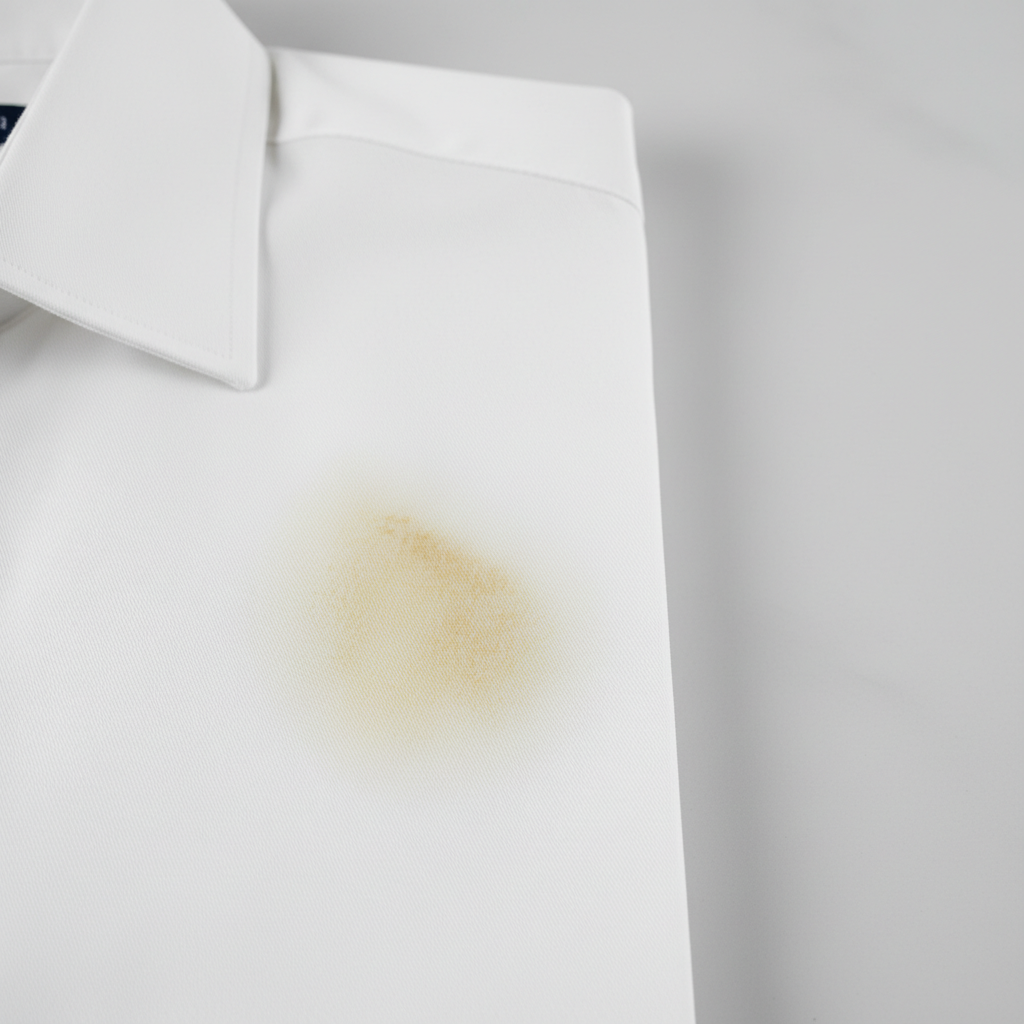A professional photo capturing a close-up of a pristine, folded white cotton t-shirt or dress shirt, with a clearly visible, prominent yellowish sweat stain concentrated in the armpit area. The fabric fibers around the stain show a slight discolored texture, contrasting sharply with the bright white of the rest of the garment. The background is a clean, neutral light surface, emphasizing the unsightly nature of the stain against the otherwise fresh clothing. The lighting is soft and even, highlighting the details of the fabric and the stain.