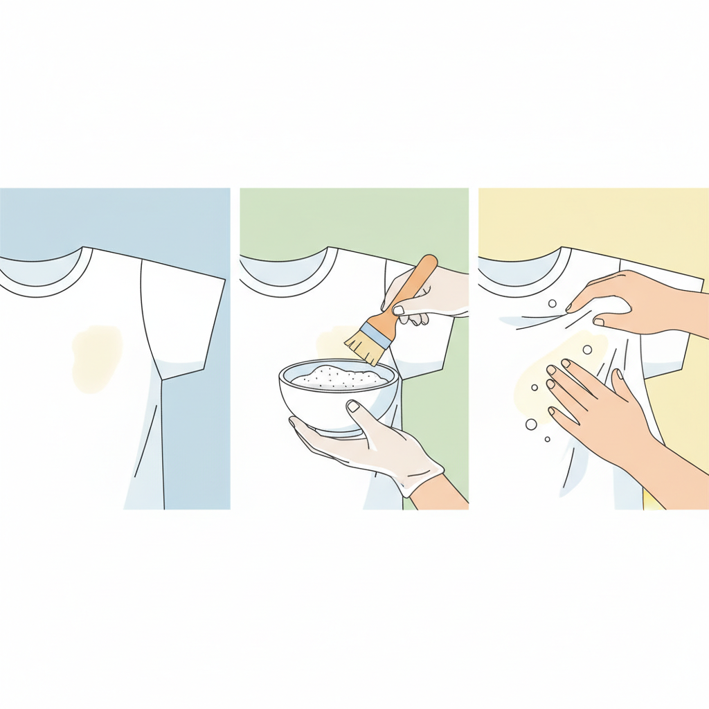 A clean, bright flat illustration depicting a step-by-step process for tackling a sweat stain. One hand gently holds a section of white fabric, revealing a light yellow discoloration under the armpit. Another hand, wearing a clear glove, is either applying a gentle, generic cleaning paste (like a white powder mixed with water) from a small, simple bowl onto the stain with a soft brush, or gently rubbing the fabric together. The overall aesthetic is calm and instructional, suggesting an effective home remedy being applied.