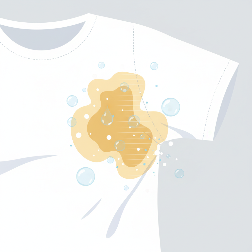 A detailed flat illustration depicting a close-up of a white t-shirt's armpit area, showing a prominent, realistic yellow-brown sweat stain. Above and around the stain, subtle, abstract representations of sweat droplets and deodorant particles (e.g., stylized spheres or translucent layers) are visually interacting with the fabric fibers, suggesting a chemical reaction. The overall style should be clean, modern, and infographic-like, using a bright, professional color palette that emphasizes the crisp white fabric against the discoloration. The background should be a simple, light solid color. No text or words should appear on the image.
