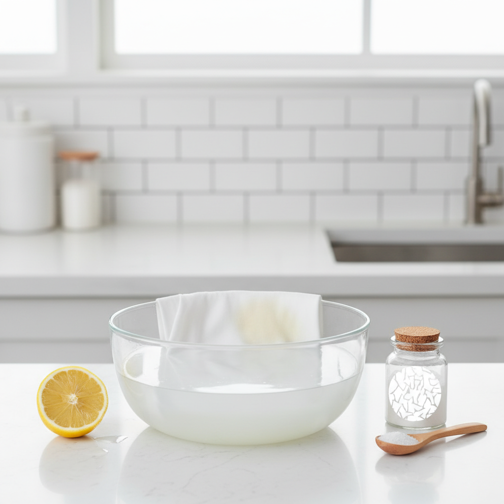 A professional, well-lit photo of a hands-on method for removing sweat stains. The scene features a pristine white garment (e.g., a folded t-shirt) with a subtle yellow stain being treated. A clear glass bowl or container holds a diluted solution (e.g., water with a hint of cloudy white for citric acid or vinegar), with a portion of the fabric soaking within. Nearby, a lemon half and a small glass jar of white powder (representing citric acid) are neatly arranged, indicating the ingredients. The background is a clean, bright laundry room or kitchen counter. No text or words should appear on the image.