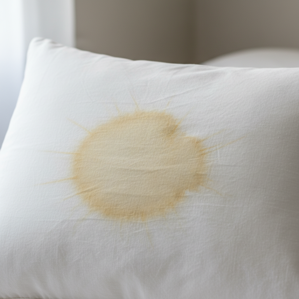 A close-up professional photo of a white bedsheet or pillowcase, clearly showing prominent yellow sweat stains around the area where a head or body would typically rest. The fabric should appear slightly wrinkled but otherwise clean and well-maintained, drawing focus solely to the unpleasant discoloration. The lighting is soft and natural, emphasizing the contrast between the pristine white linen and the stubborn yellow marks. The overall image should evoke a sense of common household problem.