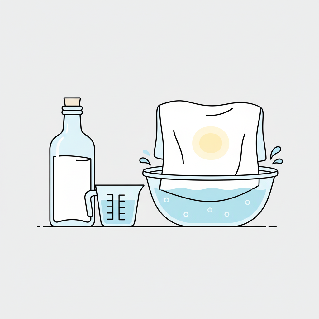 A clean, flat illustration in an infographic style depicting the first step of sweat stain removal using vinegar. The scene features a clear glass bottle of white household vinegar, a measuring cup, and a clear glass bowl or basin. A section of white bedding, with a subtle hint of yellow discoloration, is shown being carefully submerged into the water-vinegar solution in the bowl. The color palette should be bright and fresh, with simple, bold lines to convey clarity and ease of process.