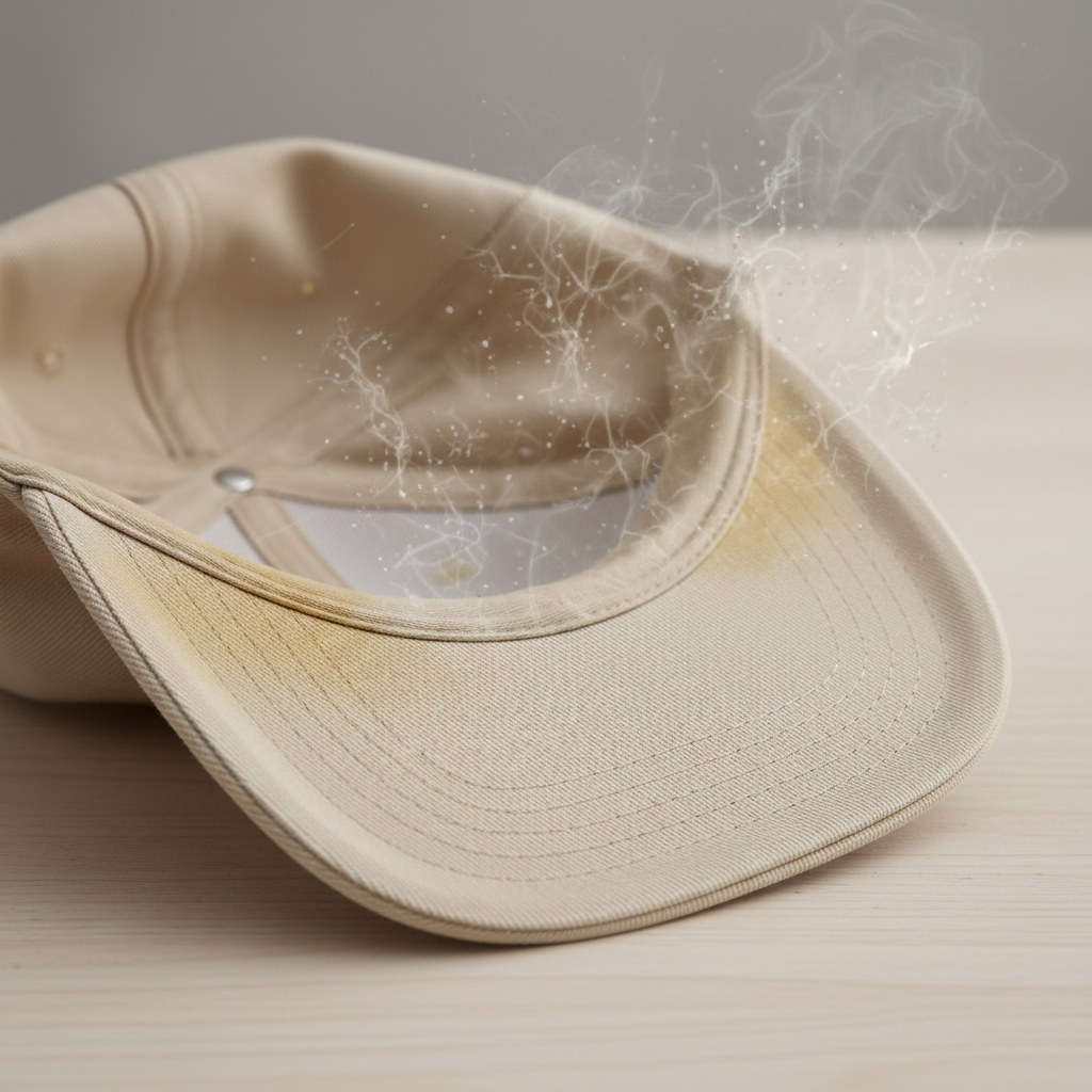 A close-up, professional product photo of a light-colored baseball cap, like beige or light grey, clearly displaying visible yellowish-brown sweat stains. The stains are prominent on the inner sweatband and along the brim where it would rest on the forehead. The texture of the fabric (e.g., cotton twill) should be finely detailed, highlighting the discoloration. A subtle, abstract visual element, such as faint, translucent moisture patterns or microscopic-like specks, emanates from the stained areas to visually suggest sweat and bacteria as the cause, without being explicit or literal.