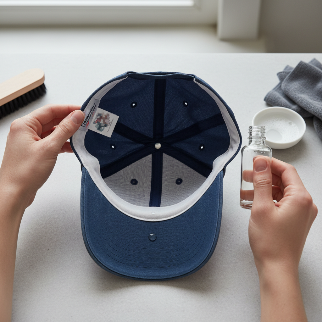 A brightly lit, clean flat lay or slightly overhead shot depicting hands preparing to clean a baseball cap. One hand is gently lifting the interior sweatband of a cap to reveal a blurred or symbolic fabric care label, indicating attention to care instructions. The other hand is carefully holding a small, generic bottle or dropper, about to apply a tiny, unidentifiable clear liquid drop to an inconspicuous inner part of the cap, demonstrating a spot test. The overall mood should be meticulous and cautious.