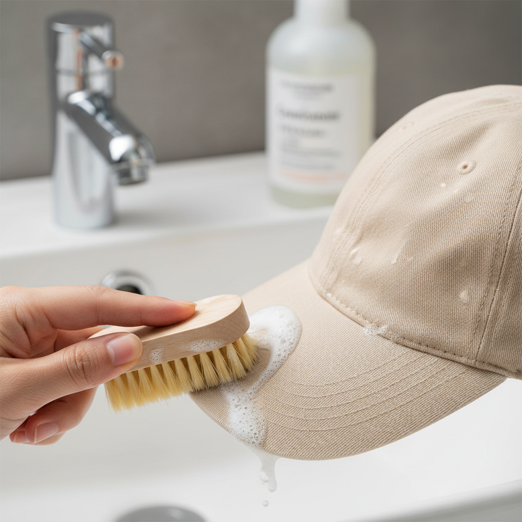 A close-up shot of a hand gently scrubbing the brim area of a light-colored baseball cap (e.g., beige cotton) with a small cleaning brush. Visible yellowish sweat stains are subtly prominent on the fabric. Water droplets and a small amount of foam are present around the cleaning action, indicating the process. The background is clean and slightly blurred, suggesting a practical, domestic setting like a laundry room or bathroom sink. Professional product photography with a bright, clean aesthetic, emphasizing the cleaning action.
