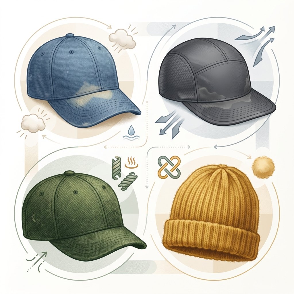 An infographic-style illustration showcasing four different types of caps, each made from a distinct material: a cotton baseball cap, a polyester sports cap, a wool blend cap, and an acrylic beanie. Each cap is visually distinct, with subtle textural hints representing its material. One or two of the caps display very faint, conceptual indicators of sweat stains (e.g., a slight discoloration or faded patch near the brim) without being overly graphic. The overall style is clean, modern, and utilizes a harmonious color palette, emphasizing the diversity of cap materials.