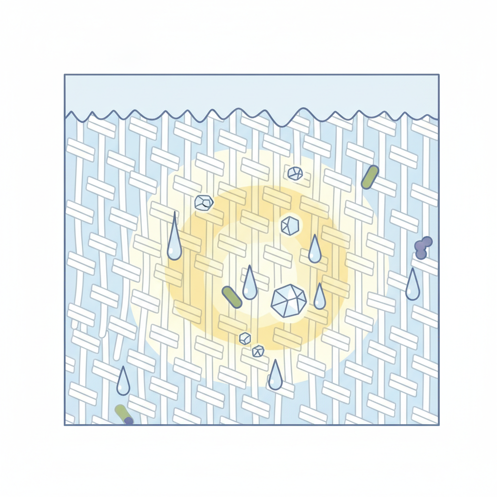 A detailed flat illustration depicting the microscopic interaction causing sweat stains. Show a cross-section of a white shirt fabric's armpit area. Stylized yellow and white discoloration is prominent. Abstractly illustrate tiny droplets of sweat, along with small, symbolic deodorant particles (perhaps crystalline shapes representing aluminum salts), interacting with the fabric fibers. A few microscopic, abstract bacterial shapes could be subtly integrated. The overall composition should convey a scientific explanation of stain formation with a clean, modern aesthetic suitable for a blog article, focusing on the visual chemistry rather than dirtiness.