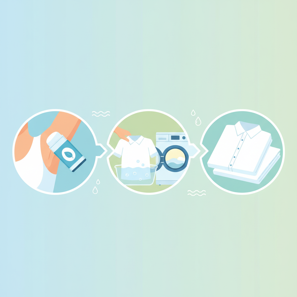 A bright and clean flat illustration showcasing effective sweat stain prevention methods. The composition should feature elements related to a crisp white shirt in various stages of care. One area could show an armpit being treated with a sleek, unbranded deodorant bottle, implying an 'aluminum-free' choice. Another section could depict a shirt immediately being placed into a washing machine or a gentle hand-wash basin. A third element could be a neatly folded, simple undershirt positioned as if to be worn under an outer shirt, symbolizing protection. The overall scene should radiate freshness and highlight proactive care for clothing.