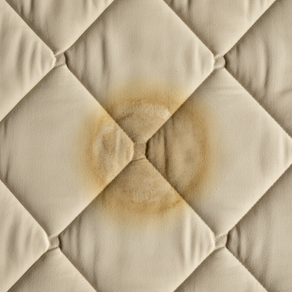 A professional, well-lit photo of a clean, light-beige mattress surface. A noticeable, irregular yellowish-brown sweat stain is clearly visible on a section of the mattress, contrasting with the fresh fabric. The texture of the mattress material, such as quilting or subtle patterns, is discernible, emphasizing the unsightly discoloration. The image is a close-up, high-angle shot, focusing entirely on the visual evidence of the stain as the central problem the article addresses. Natural light enhances the realistic texture and stain visibility.