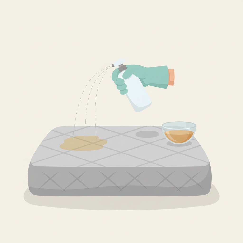 A clean, minimalist flat illustration depicting the application of a cleaning solution to a mattress. A section of a soft grey mattress shows a faint, circular discolored area representing a sweat stain. Above it, a stylized, gloved hand holds a simple white spray bottle, from which fine droplets are visibly misting onto the stained area. Next to the bottle, a small, clear glass bowl holds a light amber liquid, hinting at a natural cleaning agent. The scene is bright and uncluttered, conveying a sense of effective, simple cleaning without any specific brand labels or text.
