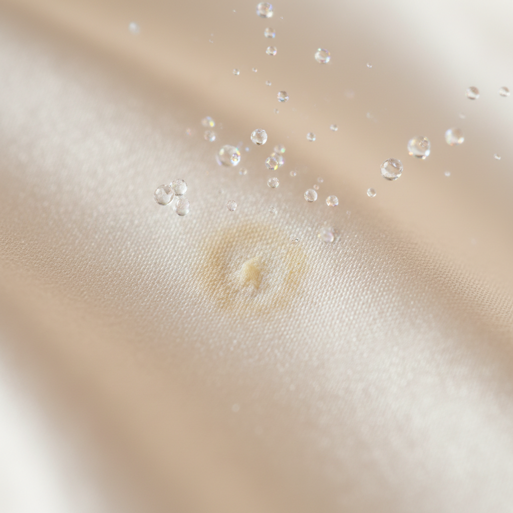 A close-up, artistic photo illustrating the vulnerability of silk to sweat stains. A pristine, shimmering piece of luxurious silk fabric, perhaps in a soft ivory or pastel color, forms the background. On a small section of the silk, a subtle, yellowish discoloration is visible, representing a sweat stain. Above this area, abstract, ethereal elements resembling microscopic acidic droplets or salt crystals are depicted gently interacting with the silk fibers, symbolizing the chemical damage. The overall mood is delicate and slightly cautionary, highlighting the sensitivity of the material. Professional macro photography style with shallow depth of field.