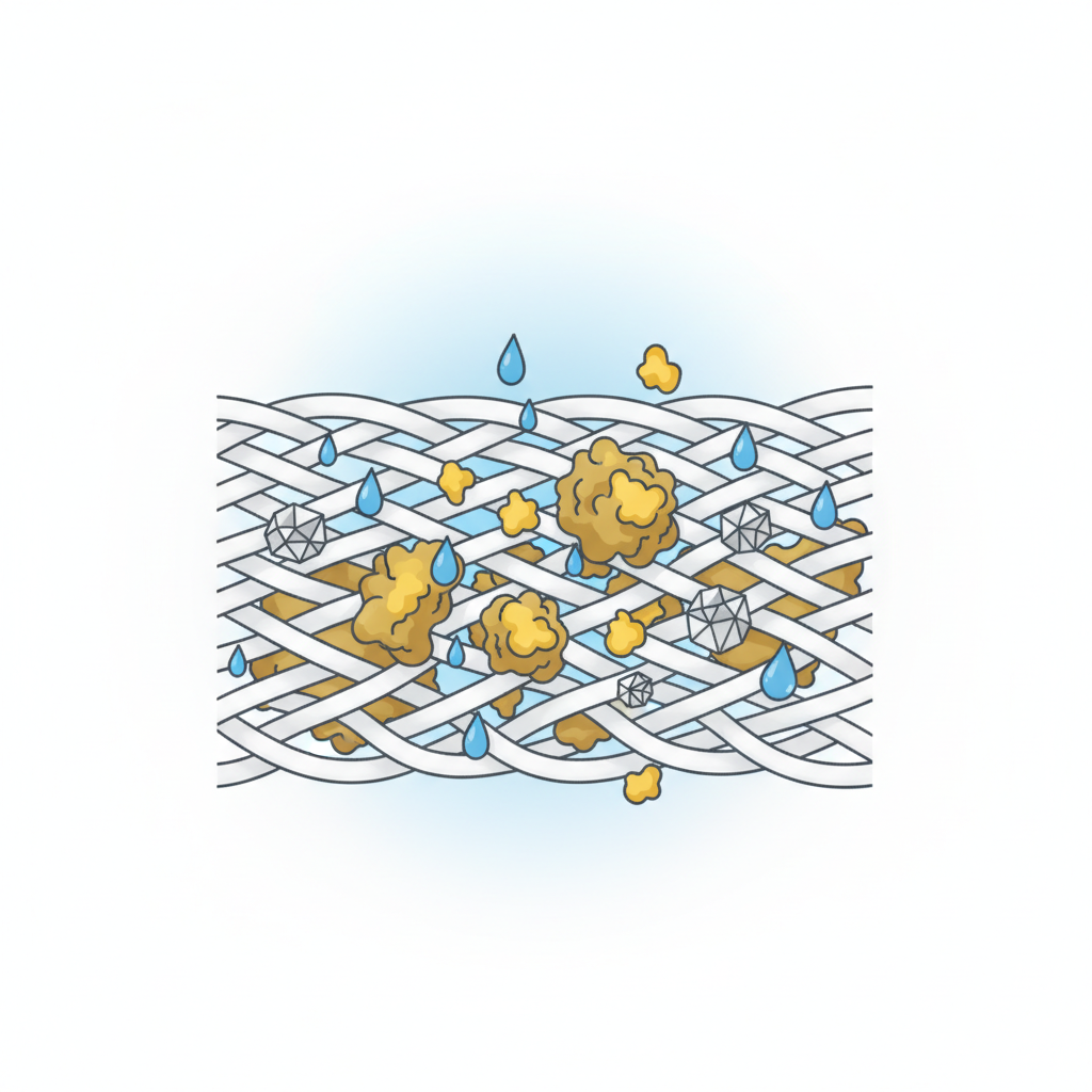 An infographic-style illustration depicting the microscopic interaction that causes sweat stains. The image shows a simplified cross-section of fabric threads. Small, abstract representations of 'sweat components' (e.g., blue droplets, yellow protein-like shapes) and 'deodorant ingredients' (e.g., silver crystalline shapes symbolizing aluminum salts) are seen interacting within and around the fabric fibers. These components are shown combining and forming stubborn, brownish-yellow clusters embedded deeply within the fabric's weave. The background is clean and bright, highlighting the chemical reaction visually. Scientific illustration style, simplified.