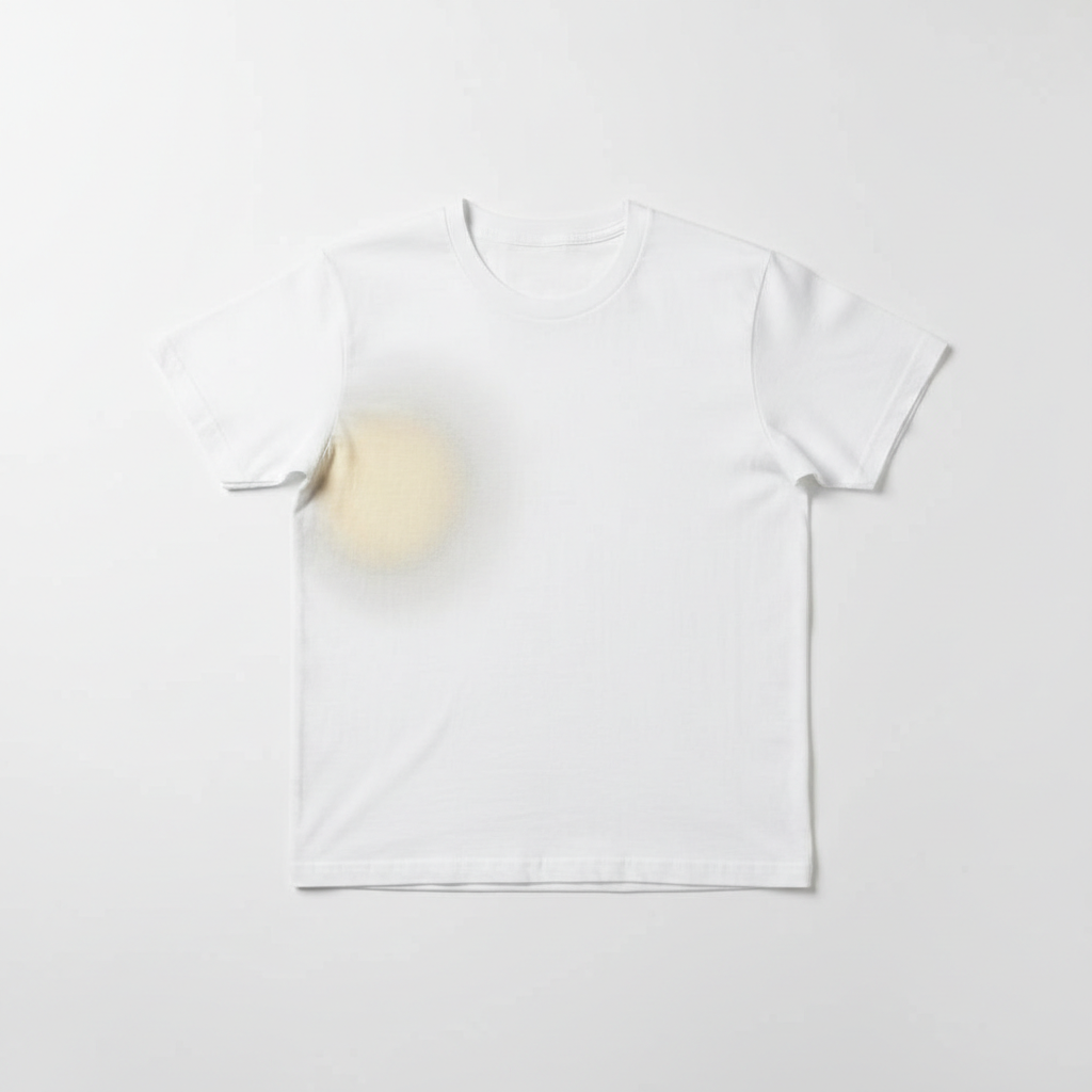 A crisp, professional product photo of a white cotton t-shirt. The left underarm area clearly displays a distinct yellow-to-grey sweat stain, showing discoloration and a slightly hardened texture, indicating a stubborn, set-in mark. The right side of the t-shirt, particularly the chest area, is pristine white, spotless, and looks freshly laundered, conveying a sense of clean perfection. The contrast between the stained and clean fabric is stark and visually emphasizes the problem the article addresses. Bright, even lighting highlights the fabric texture without shadows.