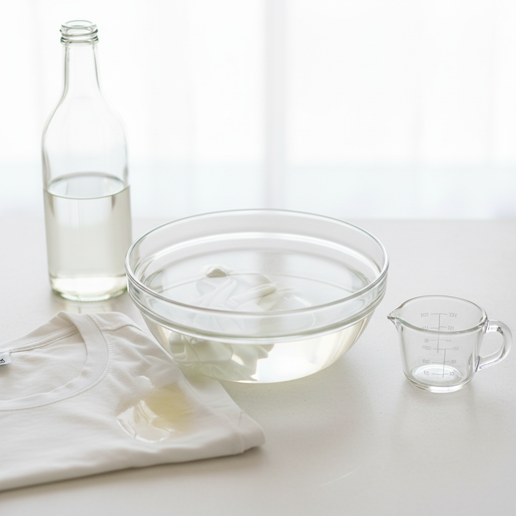 A bright, clean still-life image depicting the process of stain removal using a household remedy. In the foreground, a clear glass bowl holds a translucent liquid, symbolizing a vinegar-water solution. A white cotton t-shirt, showing subtle yellow sweat stains in the underarm region, is partially submerged in the liquid, with some fabric visibly soaking. Next to the bowl, a generic, clear glass bottle (representing vinegar) and a small measuring cup are neatly arranged on a light, neutral surface. The overall composition suggests a simple, effective home solution for laundry care.