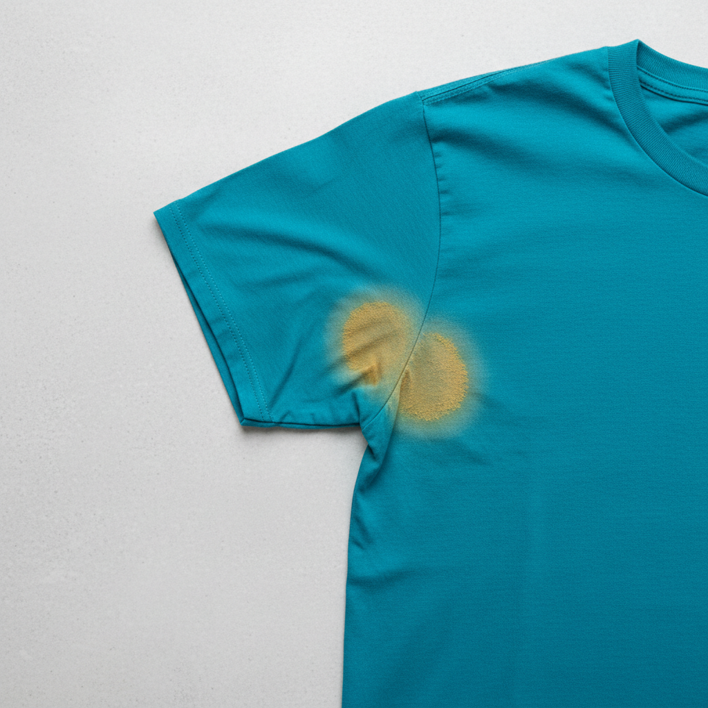 A close-up, top-down professional photo of a brightly colored t-shirt (e.g., a rich turquoise or deep magenta) laid flat on a clean, neutral surface. Around the armpit area, there are subtle but distinct yellowish and slightly crusted discoloration marks, clearly indicating dried sweat stains. The fabric texture is visible and appears slightly dulled in the stained regions, contrasting with the vibrant color of the rest of the shirt. The lighting is soft and even, highlighting the stain without harsh shadows, making it visually unappealing but clearly identifiable. The overall impression is one of a common laundry challenge.