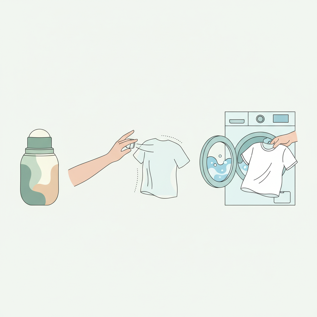 A clean, minimalist flat illustration depicting three sequential actions for preventing sweat stains. On the left, a sleek, modern deodorant bottle, characterized by a soft, natural color palette (e.g., greens and whites) and organic shapes, implying a gentle product. In the center, a person's arm is shown applying the deodorant, followed by an abstract outline of a t-shirt being held momentarily away from the body, visually representing waiting for the deodorant to dry. On the right, a vibrant, freshly laundered t-shirt is being placed into an open washing machine drum, with a subtle swirl of water and bubbles, symbolizing regular and proper washing. The background is light and uncluttered, emphasizing the actions.