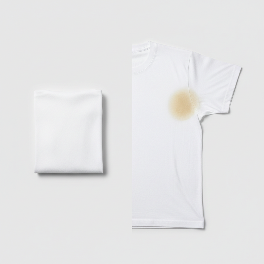A clean, professional studio shot of a crisp white t-shirt, folded neatly on one side, and on the other side, the same t-shirt or a similar one, laid flat to clearly display a prominent, circular yellow-brown sweat stain in the underarm area. The contrast should be stark, highlighting the problem area against the otherwise pristine white fabric. The lighting is soft and even, emphasizing the texture of the cotton and the discoloration. A sense of 'before and after' or 'problem and desired solution' is conveyed visually.