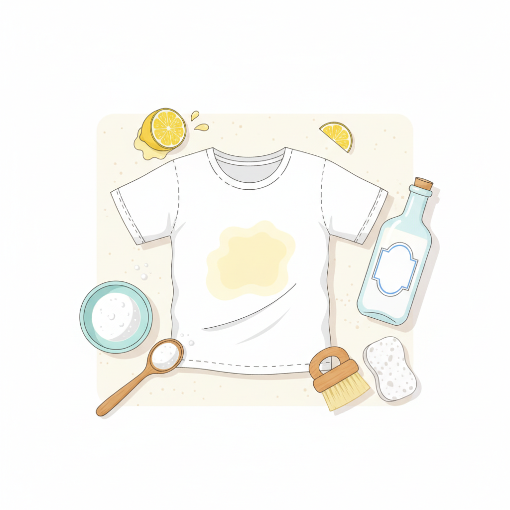 A vibrant, clean flat illustration in a light, airy style. The scene shows various common household ingredients strategically placed around a section of a white t-shirt with a faint, yellowish underarm stain. Elements like a small bowl of baking soda, a half-cut lemon, a bottle of white vinegar, and a soft brush or sponge are arranged around the stained fabric piece, suggesting preparation for stain removal. The focus is on the tools and agents used for pre-treatment, creating a helpful and approachable visual guide.