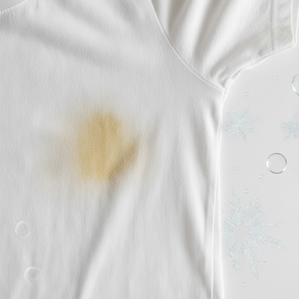 A high-resolution product photograph of a white t-shirt, specifically focusing on the underarm area. The fabric clearly displays a visible, distinct yellowish-grey sweat stain, showing the texture of the garment. In the background, subtly out of focus, abstract elements like faint water droplets and hints of crystalline structures or tiny bubbles could represent sweat and chemical reaction, conveying the cause of the stain without being explicit. The overall mood should be clean and slightly problematic, highlighting the common issue.