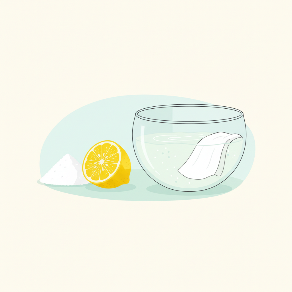 A vibrant, clean flat illustration depicting the preparation of a natural stain remover. On a light-colored surface, a small pile of white crystalline powder (representing citric acid) is neatly placed next to a fresh, halved yellow lemon. A clear glass bowl contains a subtly bubbling liquid solution, into which a corner of a pristine white piece of fabric is gently dipped. The style should be minimalist and bright, emphasizing natural, accessible household elements for an effective cleaning solution.