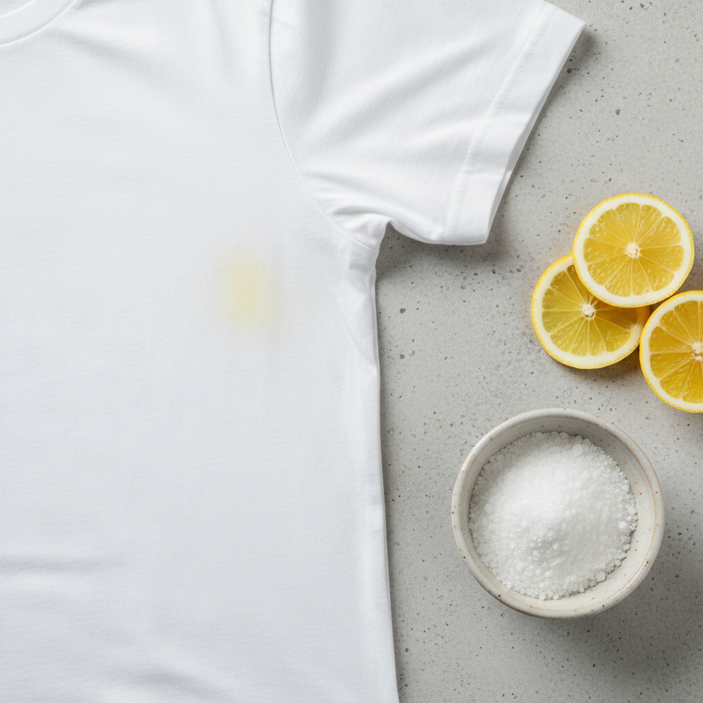 A vibrant, professional close-up photo of a pristine white t-shirt. The armpit area of the shirt subtly features a faint yellow sweat stain, highlighting the common problem. Beside the shirt, on a clean, light-colored surface, sits a small, elegant ceramic bowl filled with white crystalline powder, representing citric acid. A freshly cut lemon half or several bright yellow lemon slices are arranged artfully nearby, symbolizing the natural solution. The overall lighting is bright and inviting, conveying a sense of cleanliness and potential for restoration. The focus is sharp on the shirt and ingredients, creating a modern, minimalist aesthetic.
