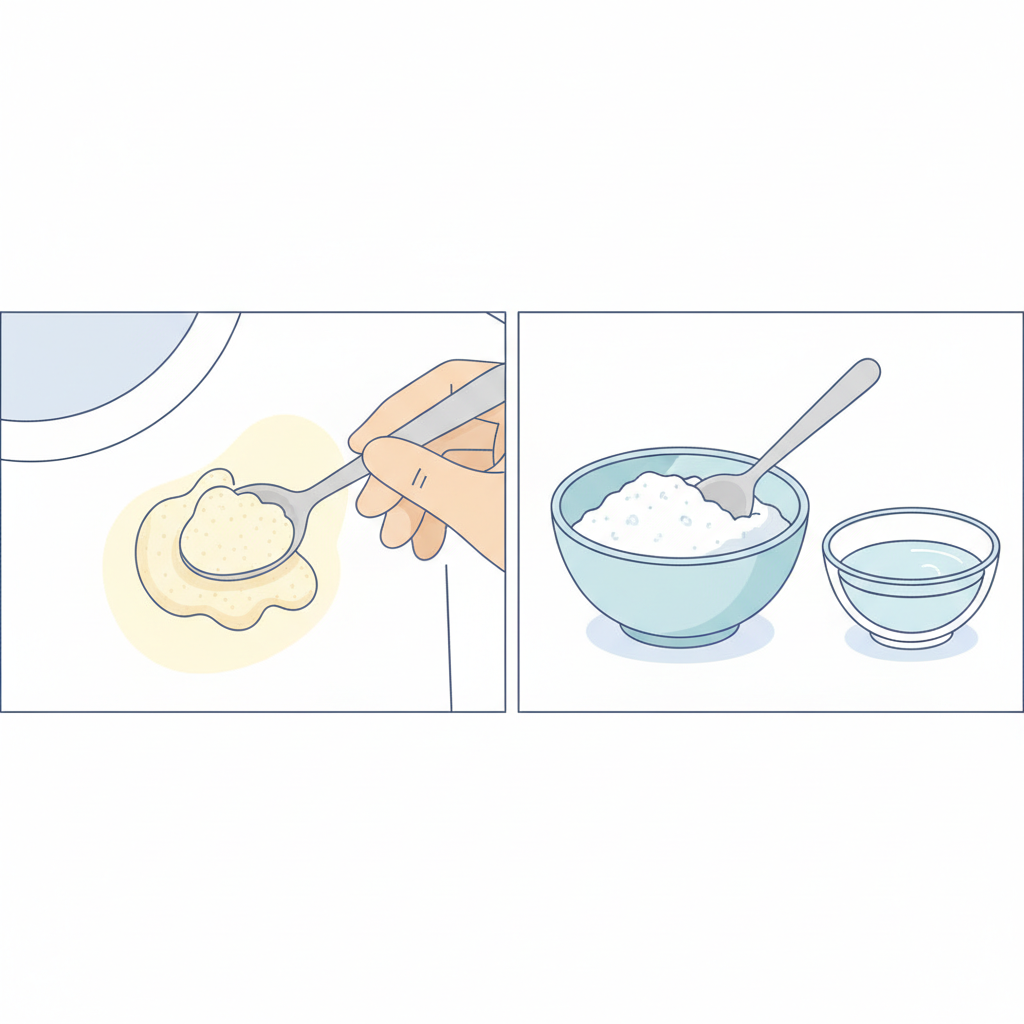 A clean, step-by-step flat illustration demonstrating the removal of sweat stains. The image is depicted as a composite scene. In the foreground, a close-up of a white fabric, clearly displaying a subtle yellow sweat stain. A neutral-toned hand gently applies a thick, light beige paste (representing baking soda) directly onto the stain. In the background or adjacent, a small, simple bowl containing baking soda powder and a separate small amount of water, with a mixing spoon, is visible. The illustration uses a limited, clean color palette primarily of whites, light blues, and soft yellows to convey a clear 'how-to' guide.