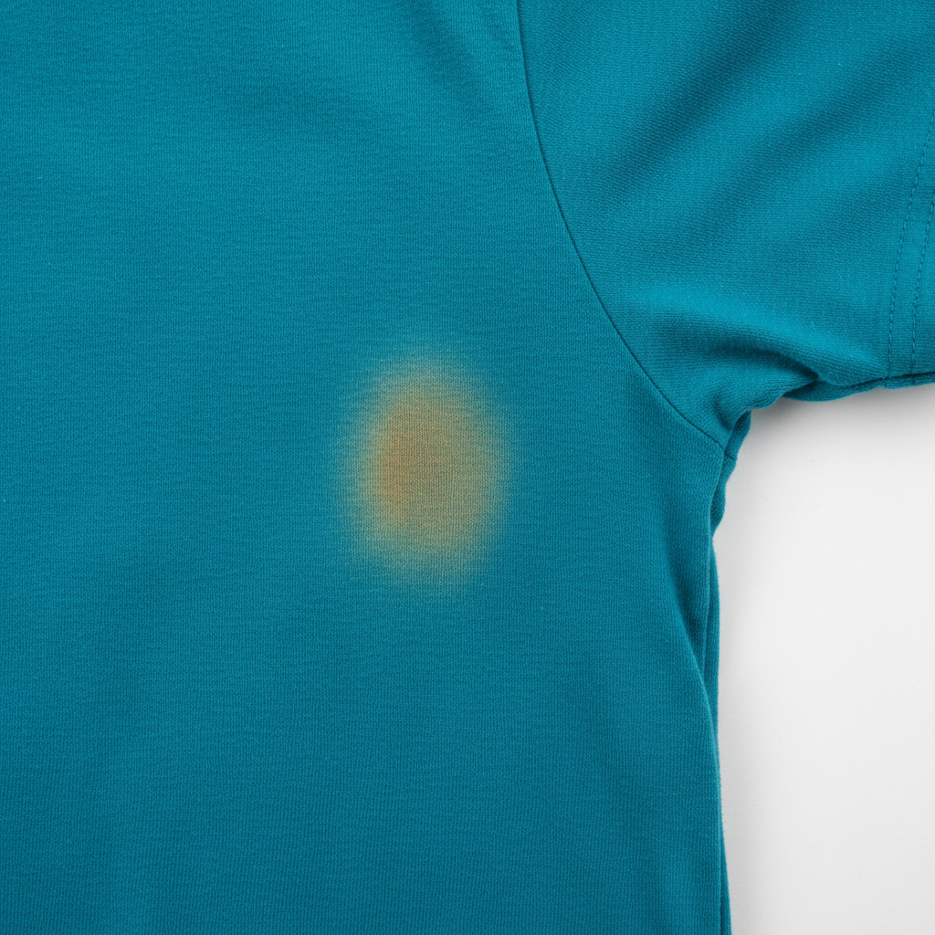 A close-up view of the armpit area of a brightly colored t-shirt. The fabric is a vivid color like deep turquoise or fuchsia. A distinct, noticeable yellowish-brown sweat stain is clearly visible in the underarm region, contrasting sharply with the vibrant fabric. The texture of the cotton or synthetic material should be subtly evident. The overall impression should convey the frustration and challenge of a stubborn stain on beloved clothing. Professional product photography with soft, natural lighting.