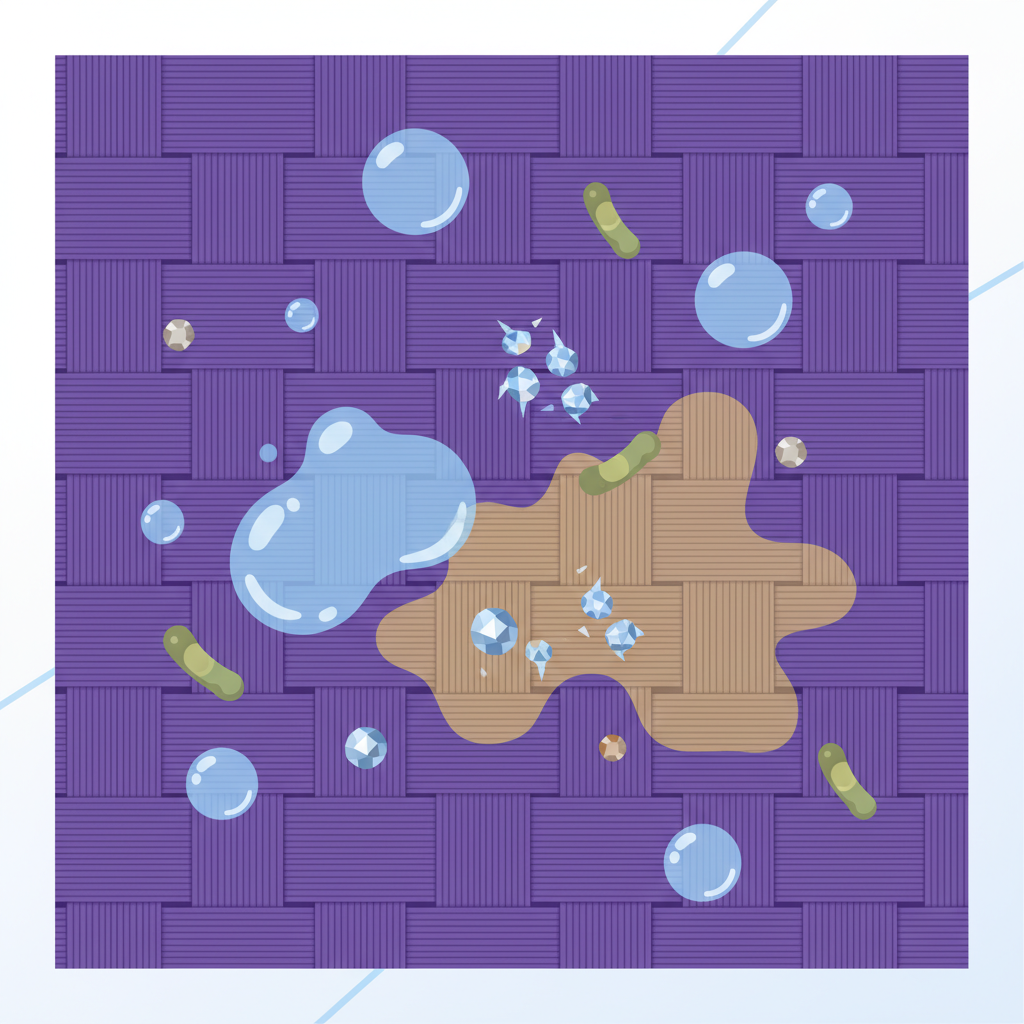 A conceptual, stylized illustration depicting the microscopic interaction causing sweat stains on colorful fabric. A section of interwoven textile fibers in a vibrant color, like purple or orange, is shown. Abstract representations of sweat droplets, deodorant particles (e.g., tiny metallic-looking spheres for aluminum salts), and a few stylized bacterial shapes are visibly interacting with the fabric threads. Where these elements converge, a subtle, spreading yellowish-brown discoloration begins to form, illustrating the stain-forming process. Clean flat illustration or modern infographic style.