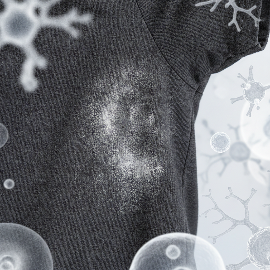 A close-up, artistic photo of the armpit area of a dark fabric garment, like a charcoal grey t-shirt or a navy blue blouse. The fabric clearly exhibits subtle but visible light-colored or whitish residue, symbolizing sweat and deodorant stains. The texture of the dark fabric is well-defined, showing the fibers subtly impacted by the residue. In the background, softly blurred microscopic elements like stylized salt crystals or abstract bacterial shapes are subtly hinted at, illustrating the scientific cause of the stains. The overall mood is clean but effectively highlights this common wardrobe problem. Professional studio photography style with a strong focus on textile detail.