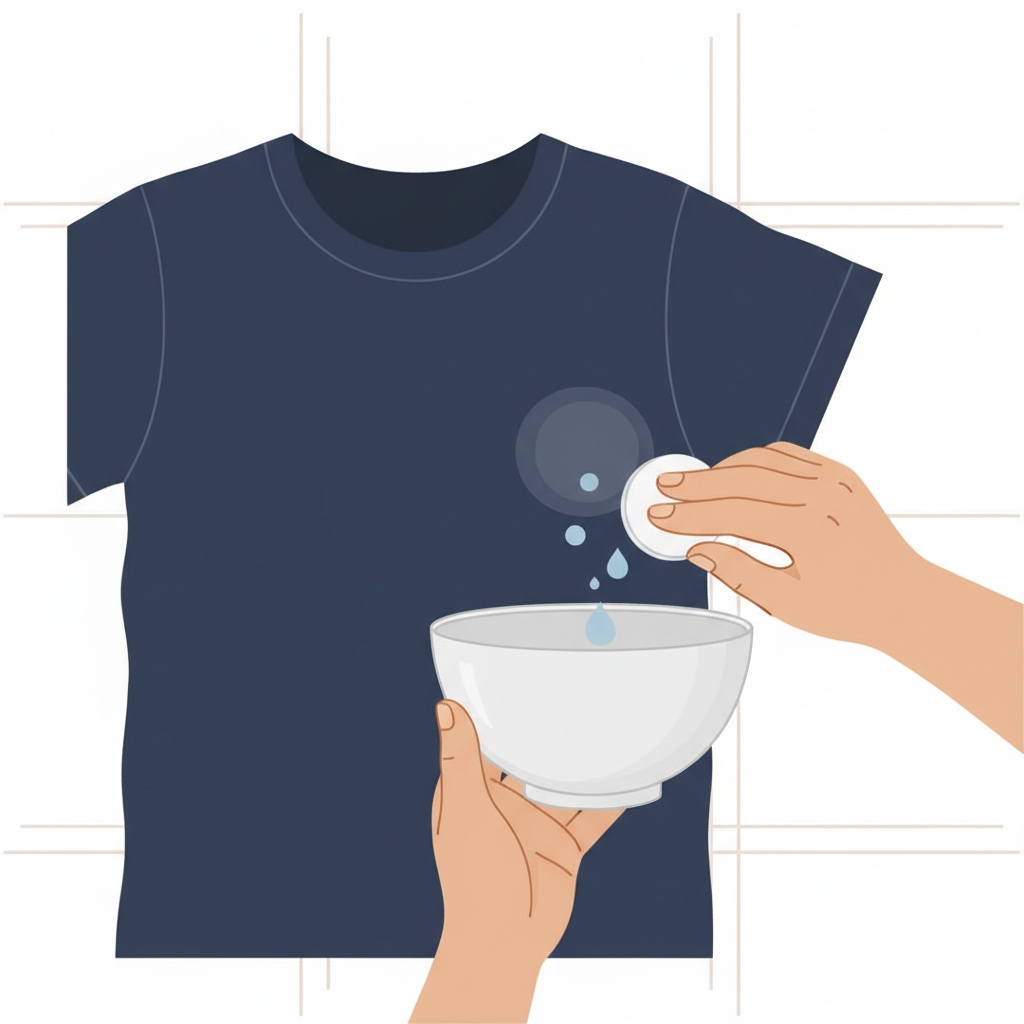 A clean, minimalist flat illustration depicting a gentle process of treating a sweat-stained dark garment. A pair of soft, human hands are carefully tending to the armpit area of a folded dark blue or black shirt. One hand is gently dabbing or applying an invisible cleaning agent to the fabric, while the other holds a generic, clean white bowl or a small, unlabeled squeeze bottle, symbolizing a home remedy. The background is simple and uncluttered, suggesting a calm home environment or a clean workspace. The illustration conveys a sense of care, effectiveness, and restoration for the garment.