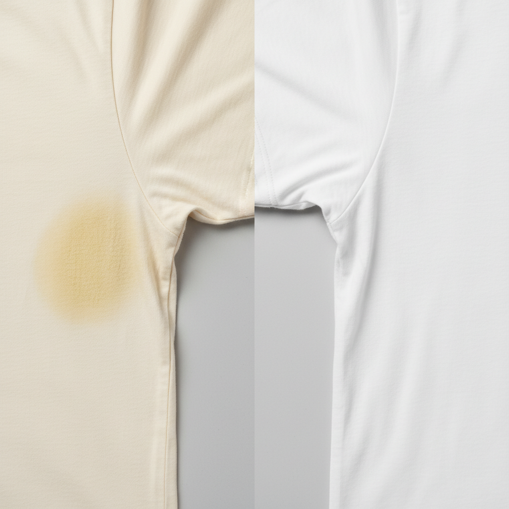 A professional studio photograph capturing a 'before and after' transformation of a light-colored t-shirt's underarm area. The left side (before) showcases a prominent, visible yellow sweat stain, highlighting the fabric's discoloration and wear. The right side (after) presents the identical area, now immaculately clean, bright, and fresh, with no trace of the stain. The lighting is crisp, emphasizing the texture of the fabric and conveying a sense of pristine cleanliness and effective restoration. The focus is entirely on the visual contrast of stained versus clean fabric.
