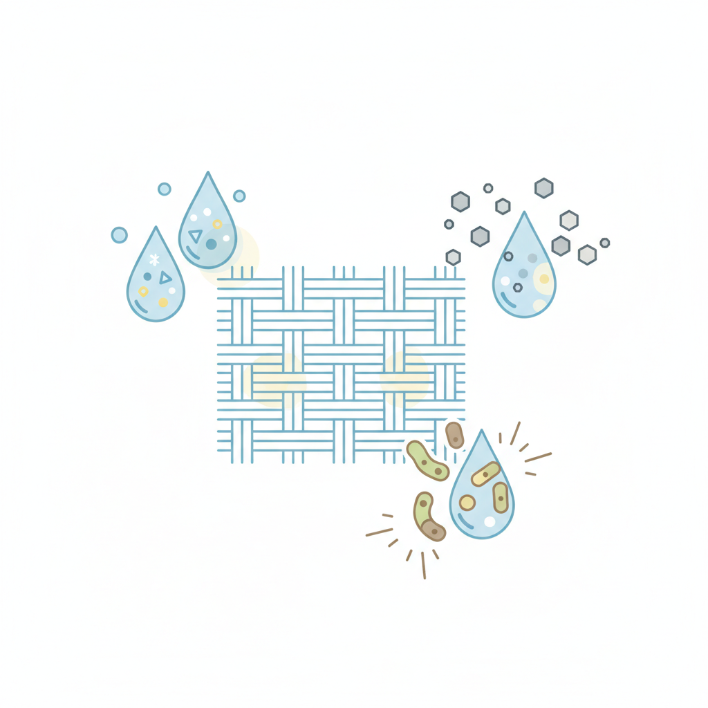 A clean, modern infographic-style illustration depicting the multiple causes of sweat stains on clothing. The image features a simplified fabric weave as a central element. Surrounding it are abstract representations: stylized sweat droplets containing small protein and mineral symbols reacting with the fabric, tiny geometric shapes symbolizing aluminum salts from deodorant interacting with the sweat, and simple, stylized bacteria shapes contributing to discoloration. The cumulative effect is shown as subtle yellow and white discolored patches forming on the fabric. The design uses a limited, clear color palette and precise lines to convey information visually.