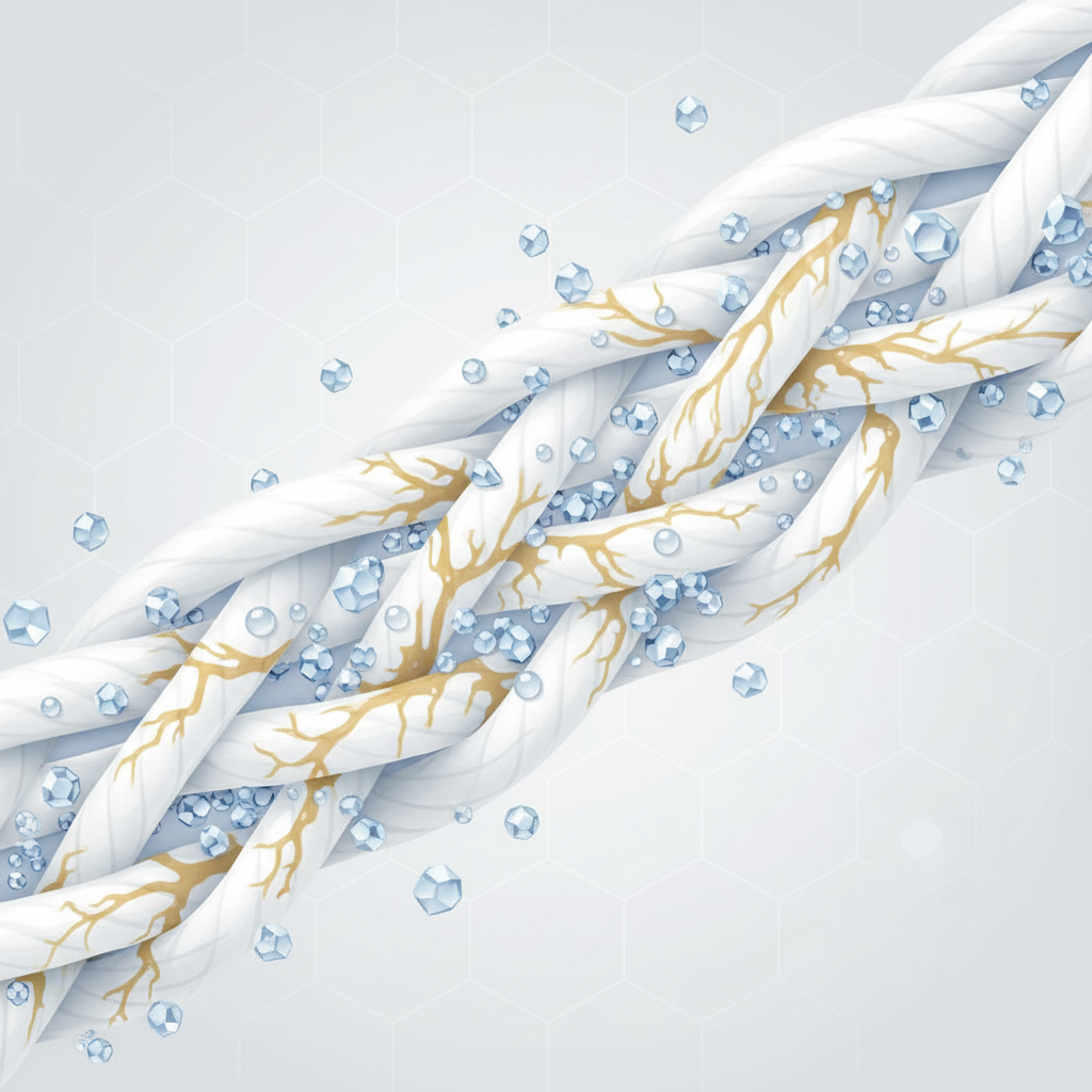 A detailed, stylized scientific illustration depicting the microscopic interaction causing a sweat stain on fabric. Focus on a magnified view of white textile fibers. Show small, clear droplets representing sweat, subtly interacting with tiny, crystalline particles symbolizing aluminum salts from deodorant, which are adhering to the fabric. Yellowish-brown discolorations are visibly forming and spreading within the fibers, illustrating the chemical reaction. The scene should convey the complex process of stain formation without being overly cluttered. Style: Clean, modern scientific illustration with an infographic feel.