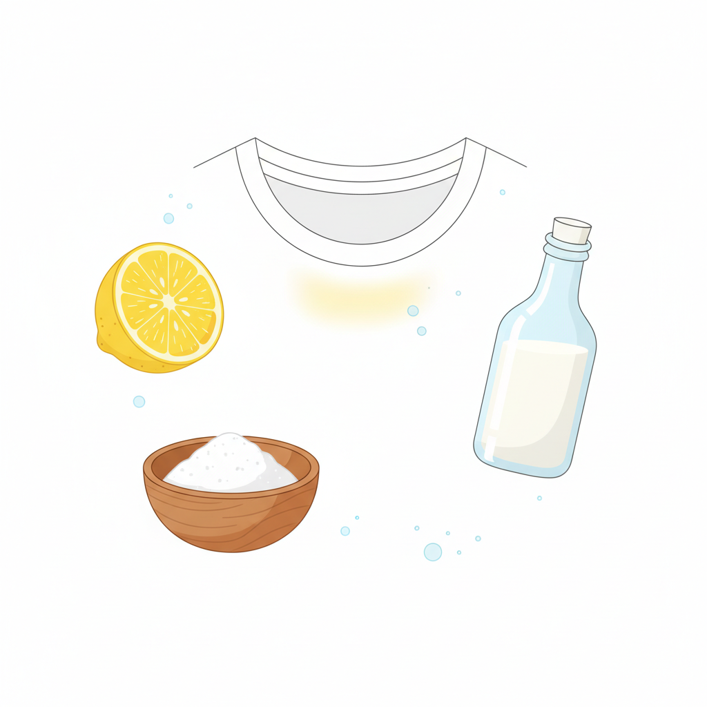 A bright and clean flat illustration showcasing natural household remedies for sweat stains. The central element is a piece of white clothing, like a t-shirt or shirt collar, with a noticeable, subtle yellowish sweat stain. Arranged neatly around the garment are iconic representations of common home remedies: a cut lemon, an open box or bowl of baking soda, and a bottle of white vinegar. The composition should suggest ease of use and natural effectiveness, possibly with subtle hints of liquid or powder near the stain. Style: Minimalist, cheerful flat illustration with a soft color palette and a clean white background.