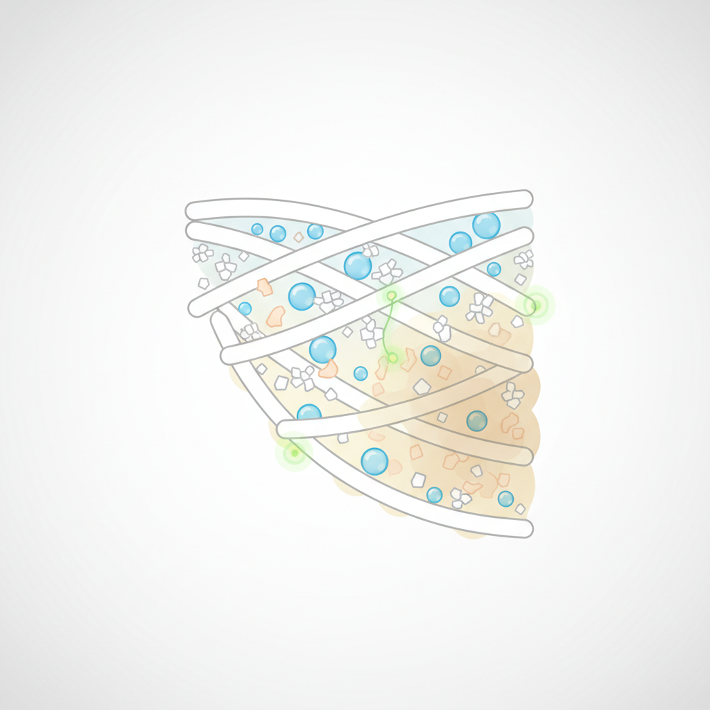 A detailed, clean flat illustration showing a magnified cross-section of fabric fibers (e.g., a white t-shirt armpit area). Microscopic elements represent sweat droplets, tiny particles of deodorant (aluminum salts), and skin cells intertwining within the fabric threads. A subtle chemical reaction is visually hinted at by glowing connections or color changes, resulting in a faint yellowish stain forming deep within the fibers. The background is simple and bright, emphasizing the microscopic drama. The overall impression is informative and scientifically aesthetic, explaining the stain's origin.