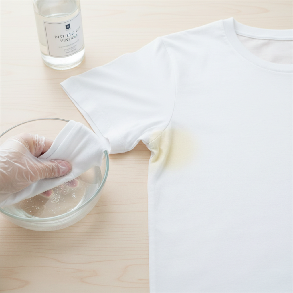 A vibrant, clean professional photo-style illustration showing a crisp white t-shirt with a visible, but not overly dramatic, yellowish stain in the underarm area. Next to it, a clear glass bowl contains a diluted vinegar solution, with a simple, elegant bottle of white household vinegar in the background, slightly out of focus. A hand, possibly gloved for a clean look, is gently dipping a corner of the stained fabric into the solution, demonstrating the 'soaking' aspect of stain removal. The composition is bright, hopeful, and emphasizes practicality and effectiveness.
