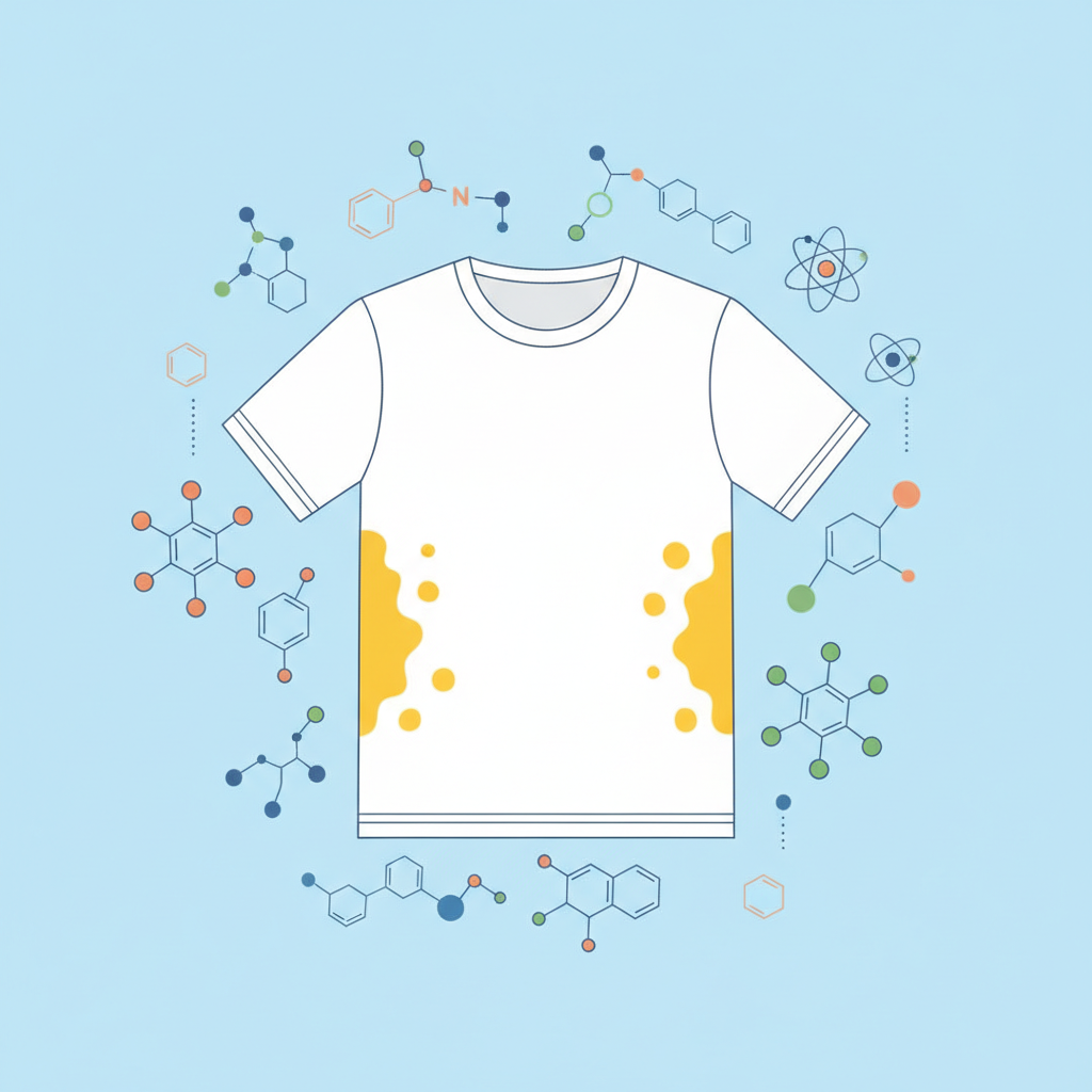 A vibrant, modern flat illustration depicting a crisp white t-shirt with distinct yellow discoloration in the underarm area, symbolizing stubborn sweat stains. Around the stained area, abstract, stylized chemical symbols and molecular structures (without specific textual labels) subtly float and interact, representing the proteins, fats, and aluminum salts causing the discoloration. The background is clean and simple, highlighting the contrast between the pristine white fabric and the unappealing yellowing. The overall mood should convey the challenge of persistent stains and their scientific origin in a clear, infographic-like manner.