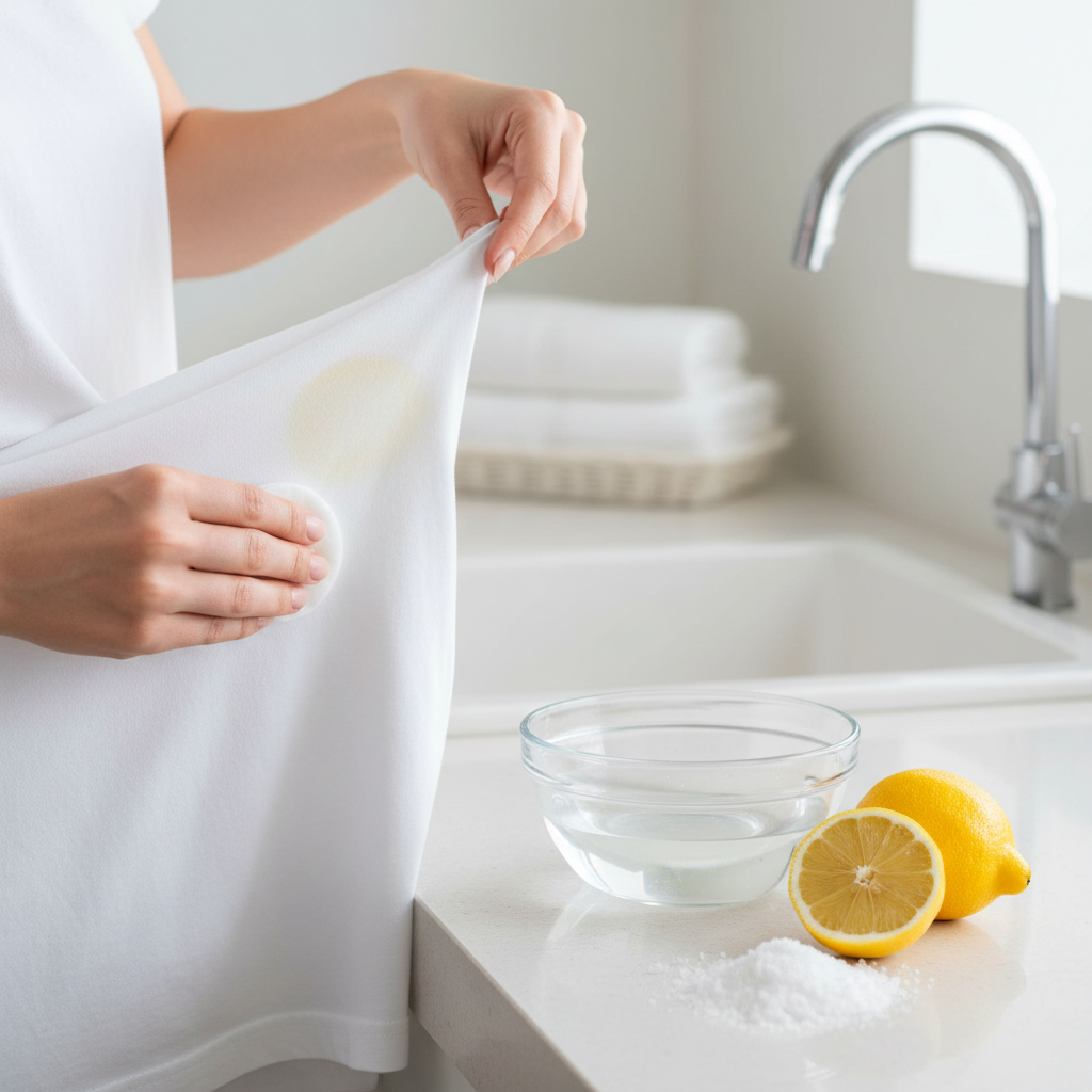 A bright, clean professional photograph or realistic illustration capturing a moment of effective pre-treatment. A pair of clean hands are gently immersing or dabbing a clear liquid solution onto the underarm area of a white t-shirt, where a subtle yellow sweat stain is visible. In the foreground or next to the bowl of solution, a few fresh lemon halves and a small pile of white crystalline powder are artfully arranged, visually hinting at citric acid as the active ingredient. The setting implies a domestic, clean environment, like a laundry room countertop, focusing on the practical, hands-on solution.