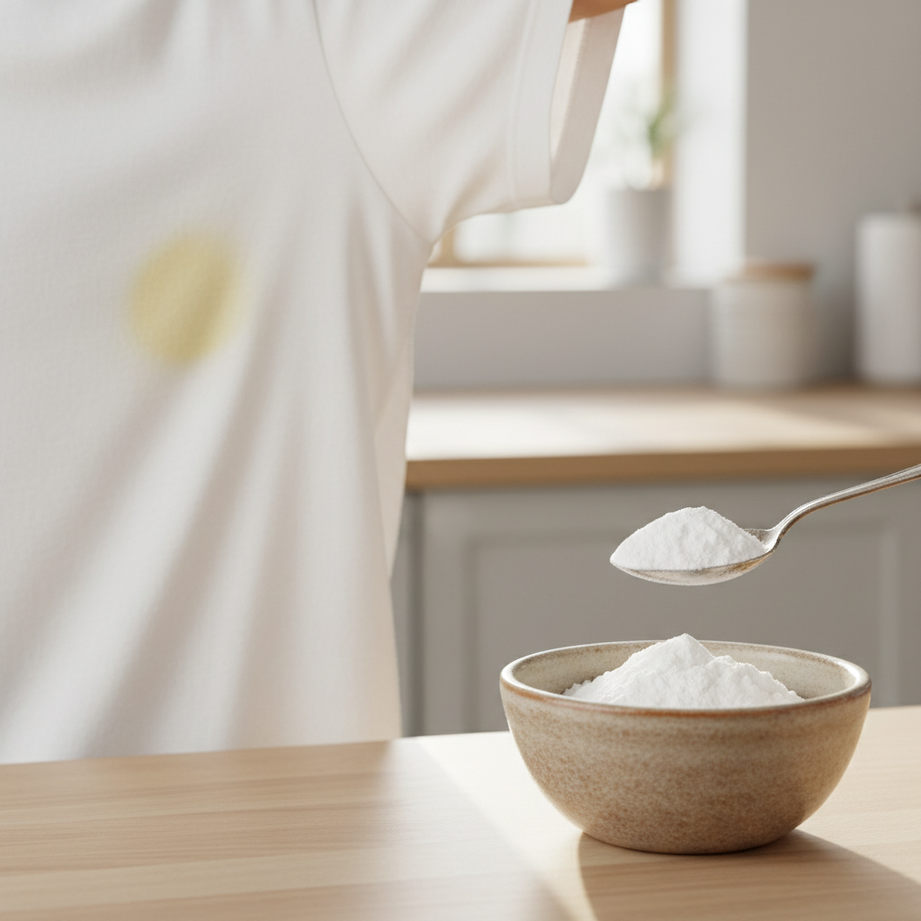 A close-up, brightly lit professional photograph showing a pristine white t-shirt with a distinct yellow sweat stain clearly visible under the armpit area. Adjacent to the stained fabric, a small, rustic ceramic bowl filled with fine white baking soda powder sits on a clean wooden surface. A clean, vintage-style metal spoon is poised, gently scooping a small mound of the powder, suggesting readiness for application. The background is softly blurred, hinting at a modern, clean laundry room bathed in warm, natural light, emphasizing a practical and effective home remedy. Focus is sharp on the stain and the baking soda.
