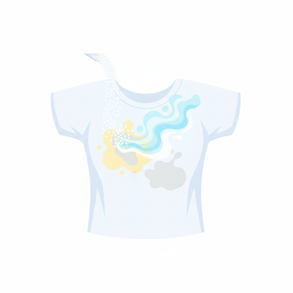 A dynamic, clean flat illustration rendered in a modern infographic style. The central element is a stylized white fabric swatch, subtly shaped like the underarm of a t-shirt, exhibiting abstract yellow and pale grey 'stain' formations. From the upper corner, a gentle stream of clean white granular particles, representing baking soda, descends onto these colored formations. Upon contact, the yellow and grey elements visibly dissolve or transform into soft, swirling wisps of clean light blue and pure white, visually conveying the neutralizing, brightening, and odor-eliminating effects. The overall color palette is fresh and light, with an emphasis on white, soft pastels, and clean lines.