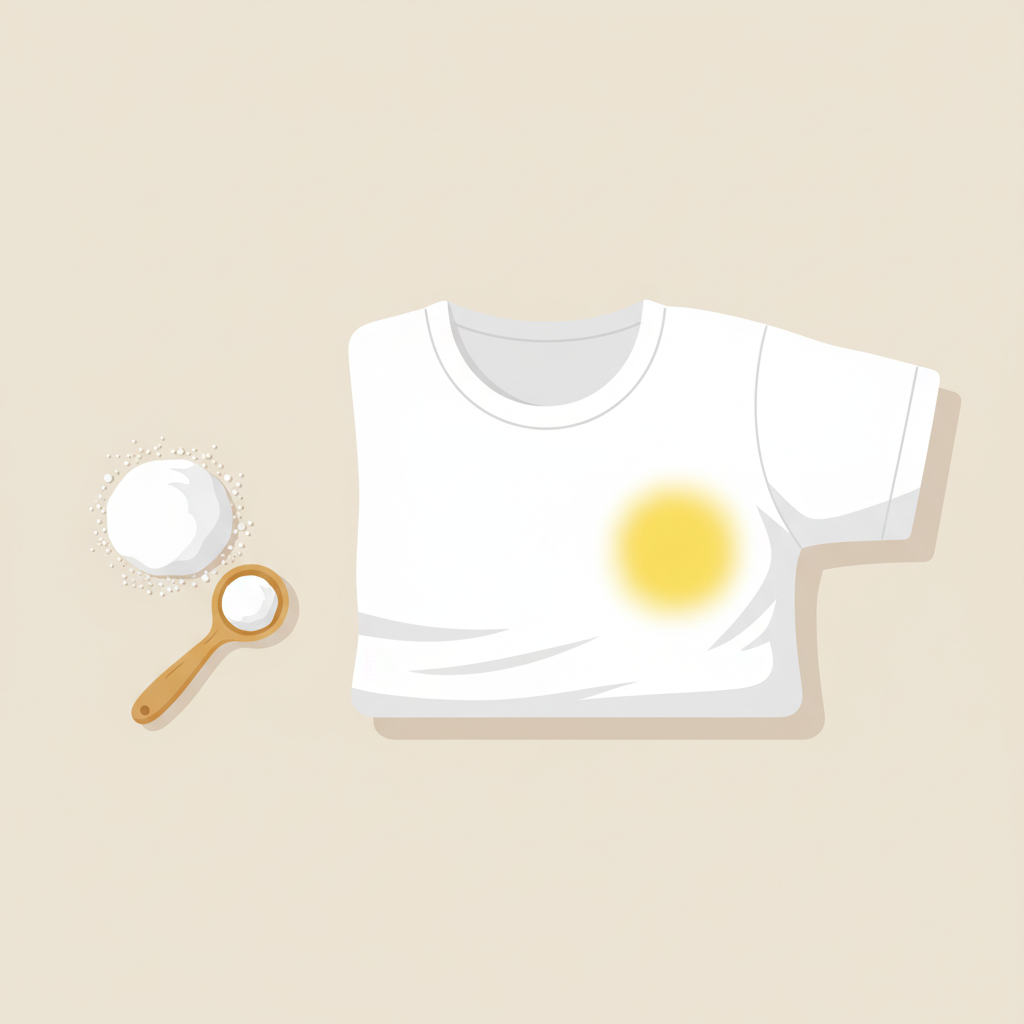 A clean, bright flat illustration with soft shadows and minimal textures. The scene features a white or light-colored t-shirt, clearly displaying a prominent yellow sweat stain in the armpit area. Positioned next to the stained garment is a small, pristine pile of white baking soda powder, perhaps with a simple wooden measuring spoon beside it. The t-shirt should appear slightly wrinkled to convey realism, and the baking soda should look fine and powdery. The overall composition should be simple, emphasizing the problem and its natural solution.