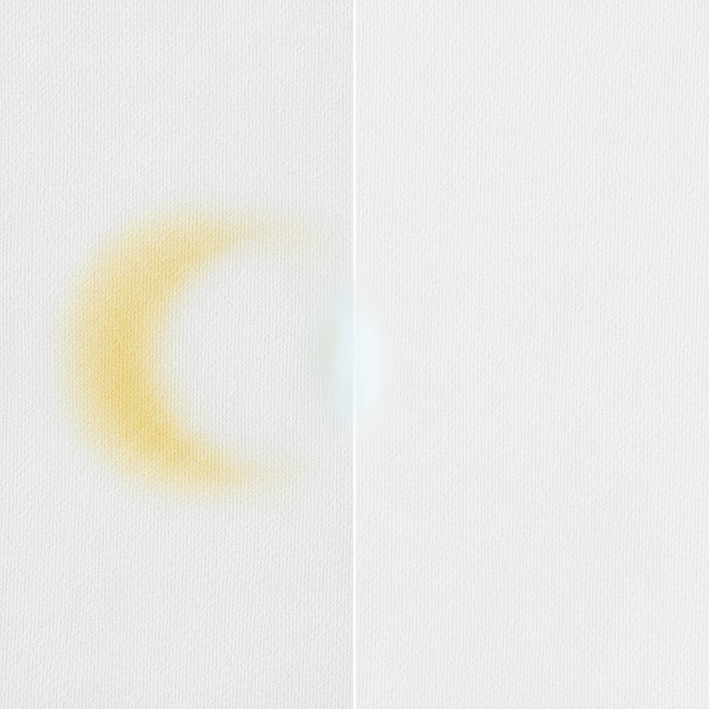 A high-quality, clean product photography composite or hyperrealistic digital illustration. The image depicts a close-up 'before and after' comparison of a fabric surface. On the left, a section of light-colored fabric (e.g., white cotton) shows a distinct, deep yellow sweat stain. On the right, the identical fabric section appears perfectly clean and fresh, with no sign of the stain. A subtle, soft glow or dissolving effect could visually bridge the two states in the center, symbolizing the cleaning action without explicitly showing the cleaning agent.