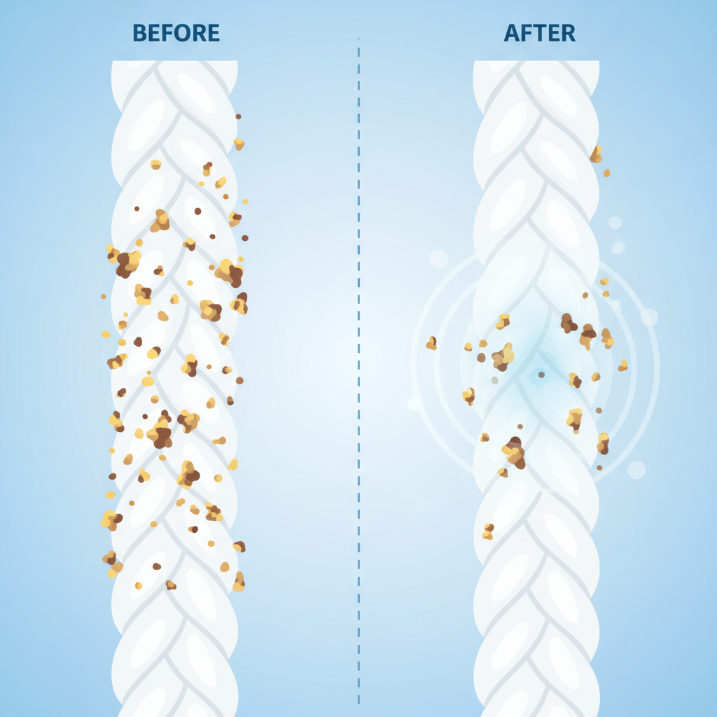 An informative, clean infographic-style illustration contrasting the 'before' and 'after' of a fabric fiber dealing with sweat. On the left side, a stylized cross-section of a fabric strand is depicted with tiny, abstract yellow and brown specks (representing sweat proteins, salts, bacteria) deeply embedded or clinging to its surface. On the right side, the same fabric strand appears cleaner, with a few remaining specks visibly dissolving or lifting away due to a subtle, localized, non-liquid action effect (e.g., a gentle puff or a microscopic 'scrub'). The overall aesthetic is bright, educational, and easy to understand, emphasizing the process of targeted stain removal.