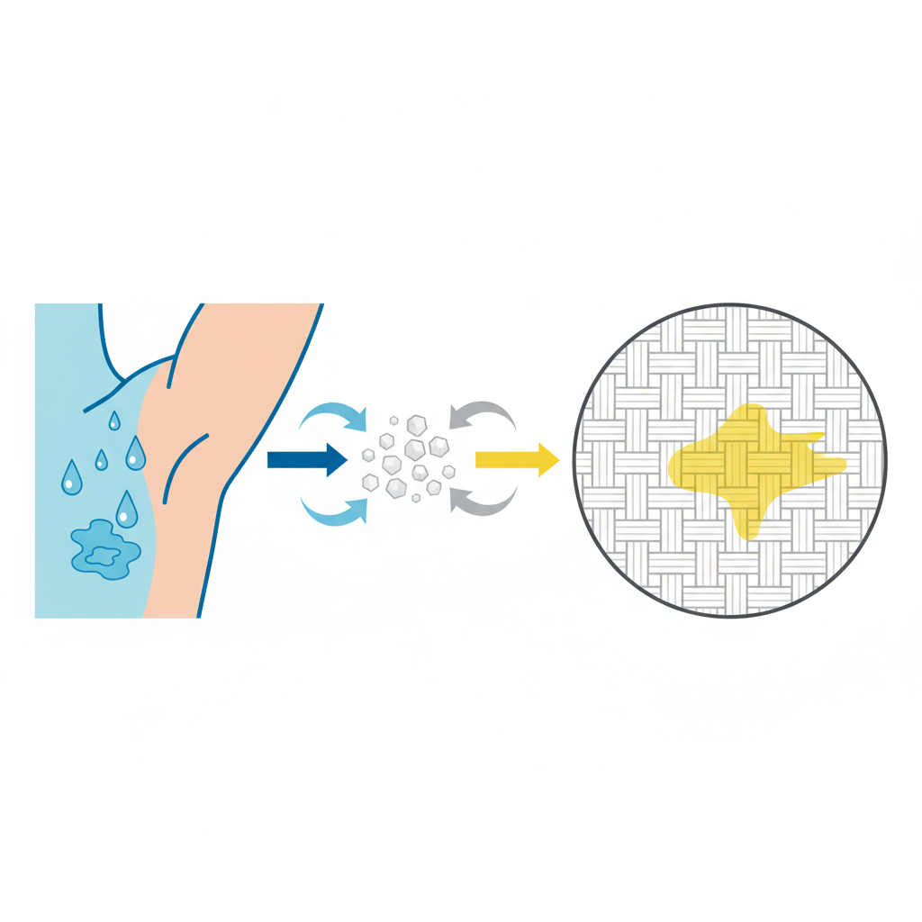 An infographic-style diagram illustrating the interaction between sweat, deodorant, and fabric fibers. On one side, a simplified human armpit shows sweat droplets forming. In the center, deodorant particles (perhaps as small, stylized crystals) are depicted. On the other side, magnified fabric fibers (like a woven textile pattern) are visible. Arrows connect these elements, leading to a visual representation of a yellow stain forming within the fabric weave, symbolizing the chemical reaction. The illustration should be clean, modern, and use a bright, scientific color palette.