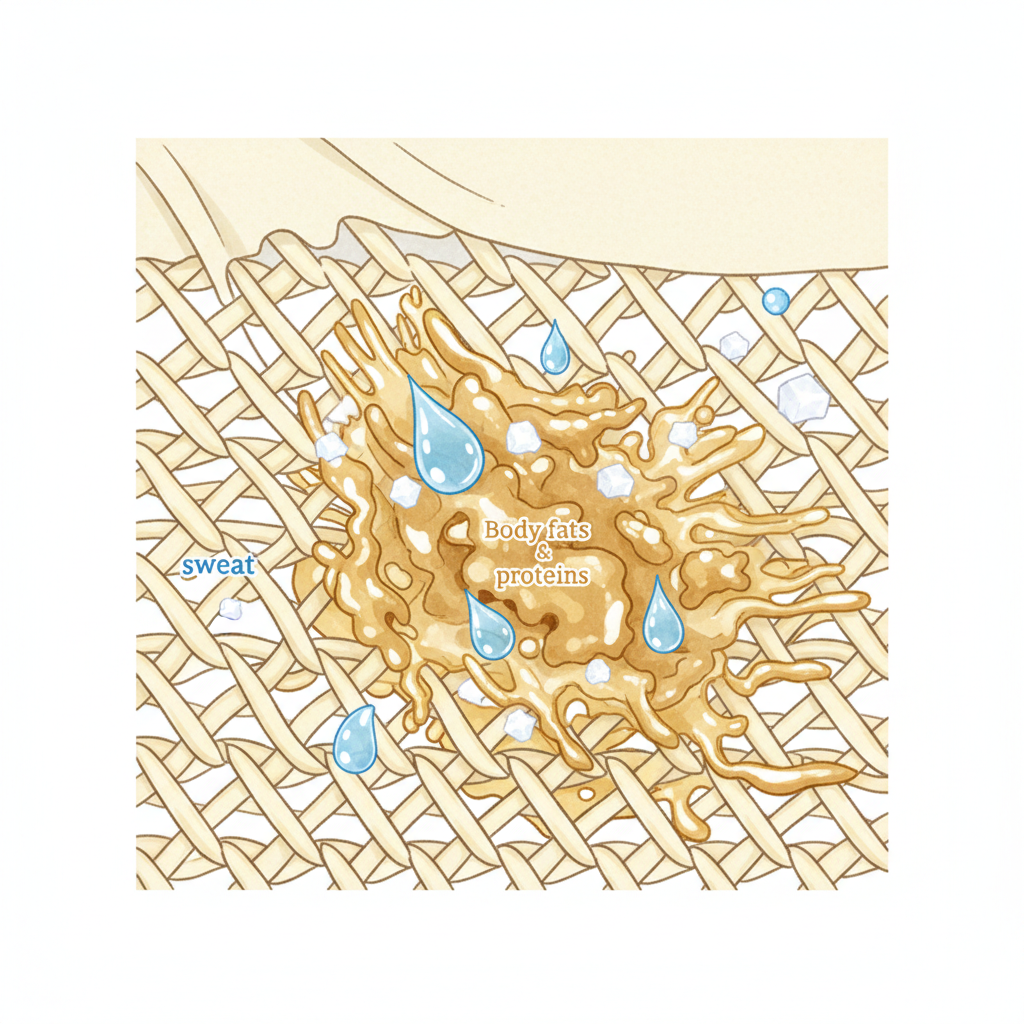 A detailed infographic-style illustration depicting the chemical process behind sweat stain formation. Focus on a magnified cross-section of fabric fibers from a light-colored shirt's armpit area. Show abstract representations of sweat droplets, deodorant aluminum salts, and body fats/proteins interacting and binding together. These elements should be visibly forming a yellowish, sticky substance deeply embedded within the textile structure, illustrating the complexity of the stain. The style should be clean, modern, and highly explanatory.