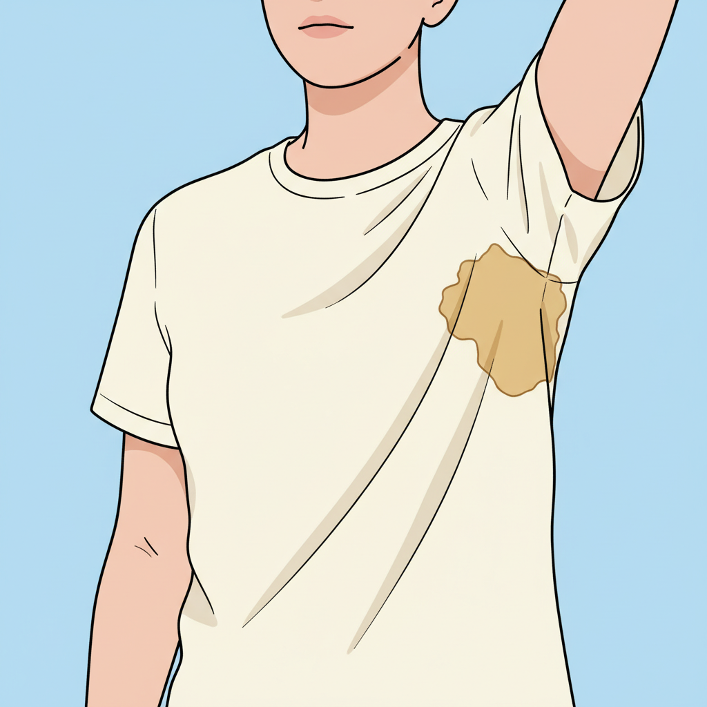 A vibrant, stylized flat illustration of a common scenario. A person's torso, wearing a light-colored t-shirt or blouse, is shown with one arm slightly raised. A distinct, yellowish sweat stain is clearly visible under that armpit, adhering to the fabric. The overall image should evoke the everyday occurrence and visual impact of such stains on clothing, with a clean, uncluttered background to keep the focus purely on the garment and the stain. The style should be approachable and relatable for a blog article.