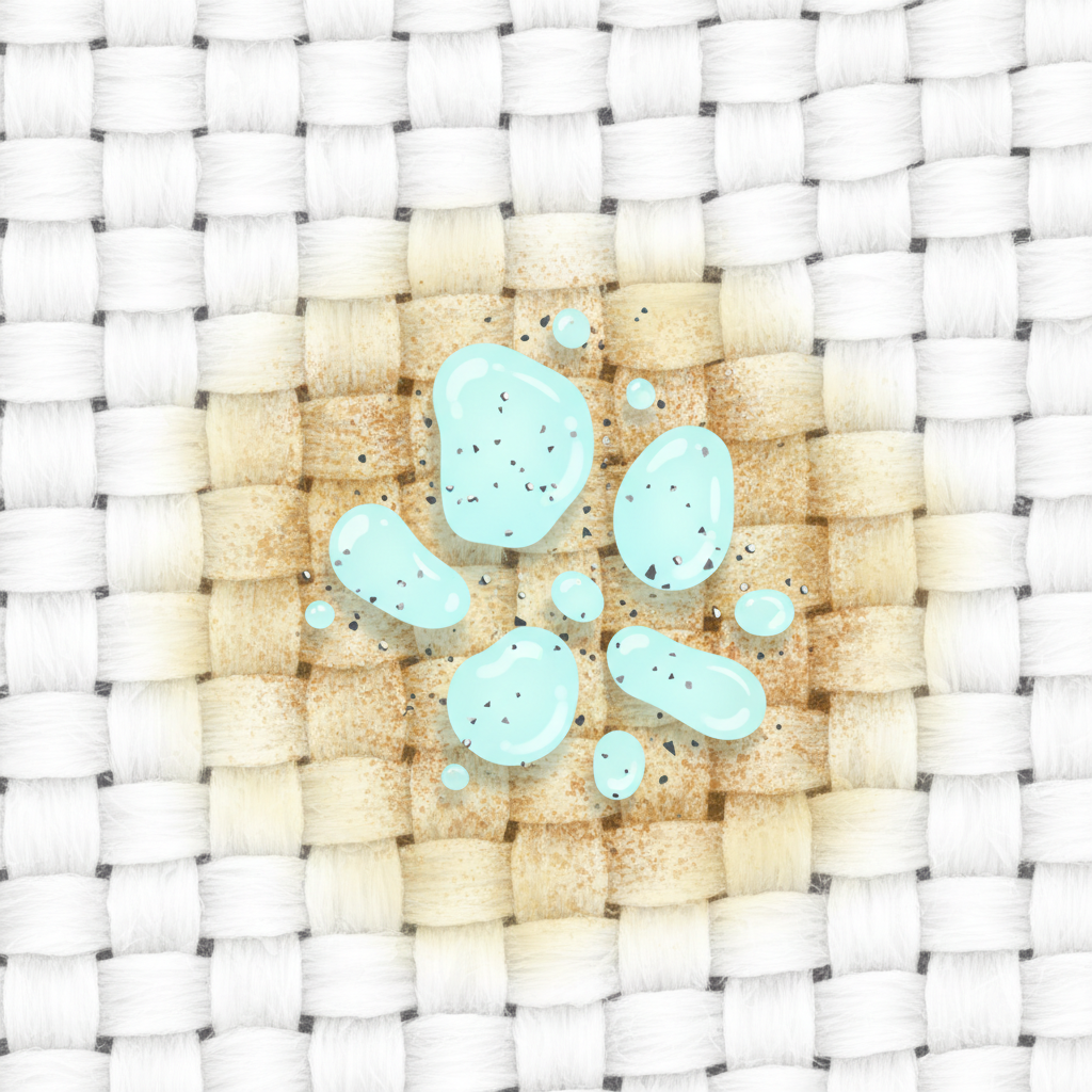 A detailed scientific illustration or infographic-style image depicting the chemical process behind sweat stain formation on white fabric. Show a magnified section of white textile fibers. Abstract representations of sweat droplets (clear/light blue) and deodorant particles (silver/grey) are shown interacting on the fabric surface. An area around this interaction should subtly transition from white to a distinct yellow-brownish hue, illustrating oxidation and discoloration. The overall visual should be clean, informative, and visually explain the 'why' without any literal chemical formulas, just the visual concept.