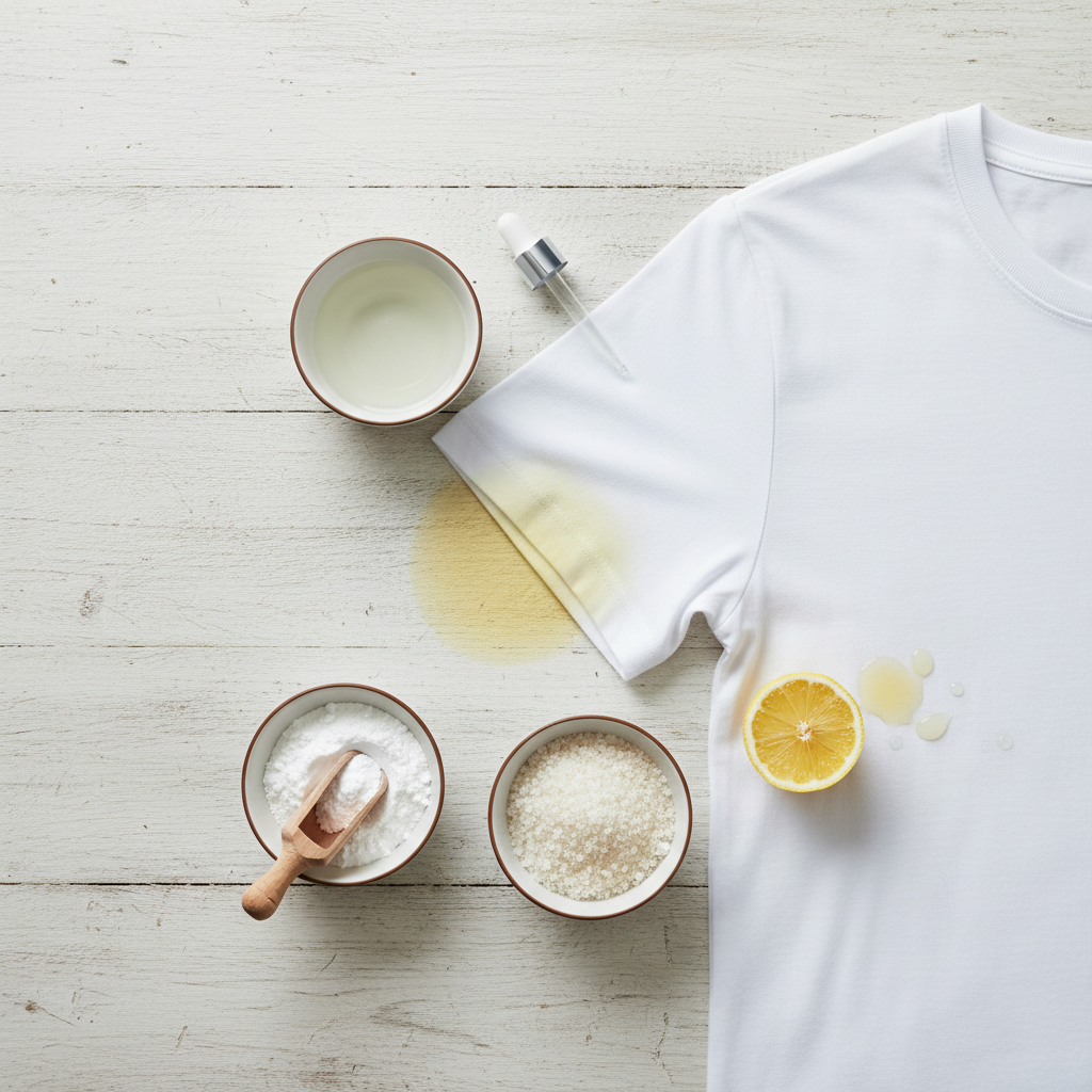 A clean, professional still-life photo or a bright, flat illustration showcasing a white t-shirt with a noticeable, but not overly repulsive, yellow underarm stain. Arranged neatly around the stained area are small, elegant containers holding common household remedies. One bowl contains clear liquid (white vinegar), another contains white powder (baking soda), and a third holds off-white crystalline powder (citric acid), perhaps with a subtle visual cue like a lemon wedge nearby. The scene should convey effectiveness and simplicity, highlighting natural stain removal solutions.