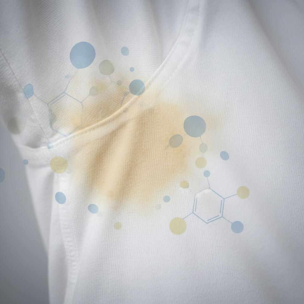 A professional, macro photograph focusing on the underarm area of a pristine white dress shirt. A distinct, yellowish-brown sweat stain is clearly visible, subtly spreading across the fabric. The texture of the cotton fibers should be clearly discernible. Small, abstract, translucent molecular shapes, rendered in subtle blues and yellows, are faintly overlaid or visually interacting with the stained fibers, representing the chemical reaction of sweat components and deodorant residues. The background is softly blurred and neutral, emphasizing the problem area on the shirt.