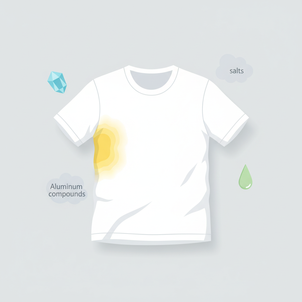 A clean, modern flat illustration depicting a crisp white t-shirt laid flat, with a prominent, unsightly yellow sweat stain concentrated in the armpit area. Surrounding the stained region, a few abstract, stylized graphic elements float, symbolizing the contributing factors: a small blue crystal shape for salts, a faint grey cloud for aluminum compounds, and a tiny green droplet for fatty acids. The shirt itself should appear slightly wrinkled to convey usage, and the overall composition should be bright and uncluttered against a plain, light background, offering a clear visual explanation.